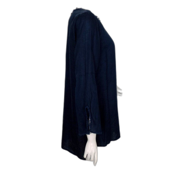 J.JILL Linen Tunic, L, Navy Blue, Fringe, Long sleeve, Vented, Keyhole Back - Picture 7 of 12